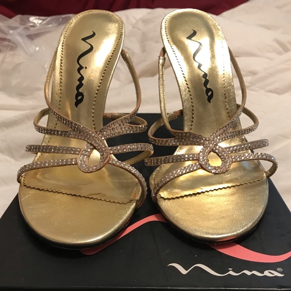 Nina Shoes - Nordstrom Nina women’s shoe gold/rhinestone elegant open toe strapless size 7.5